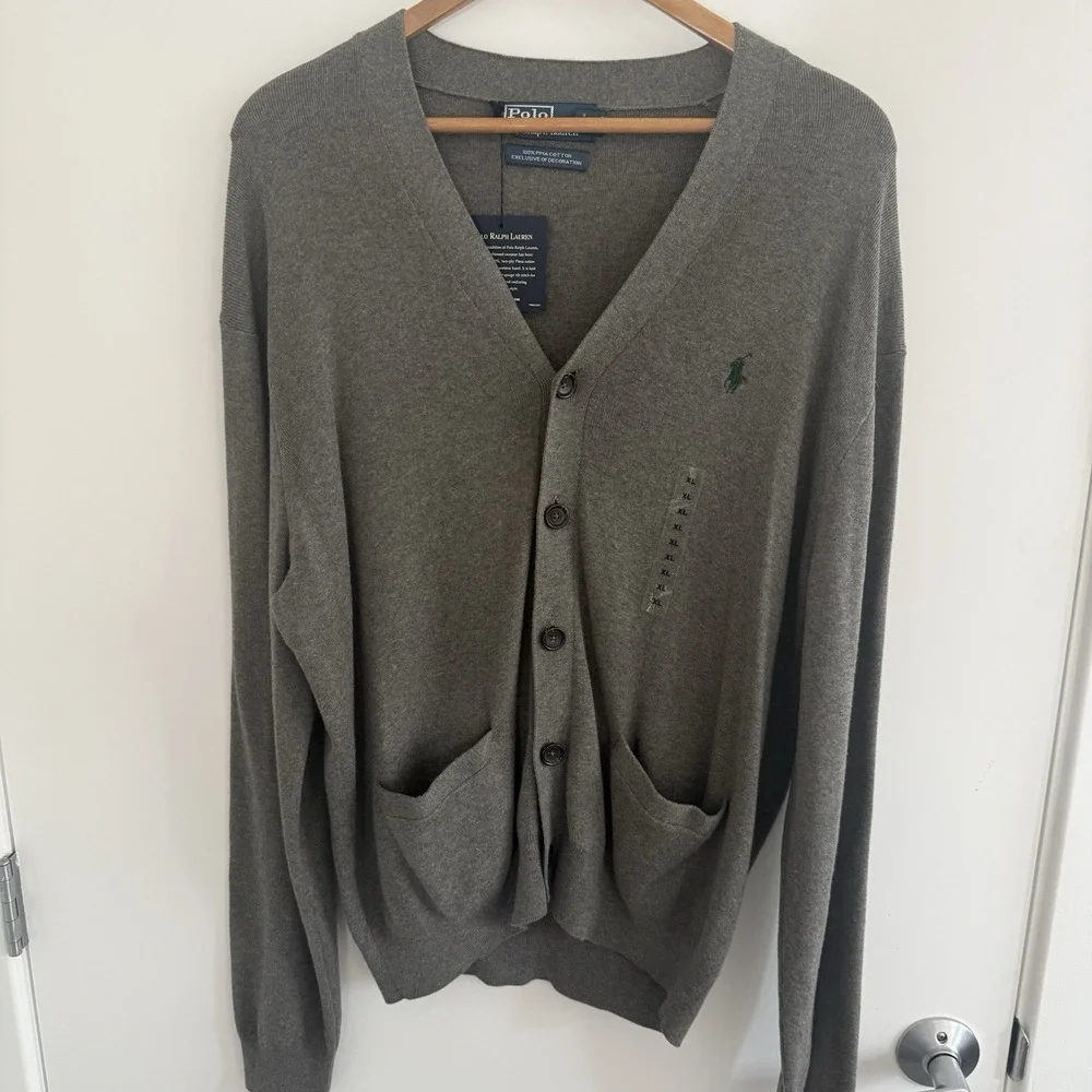 NWT Polo Ralph Lauren Mens the Pima Cotton Sweater XL Grey Button Up Pony Logo